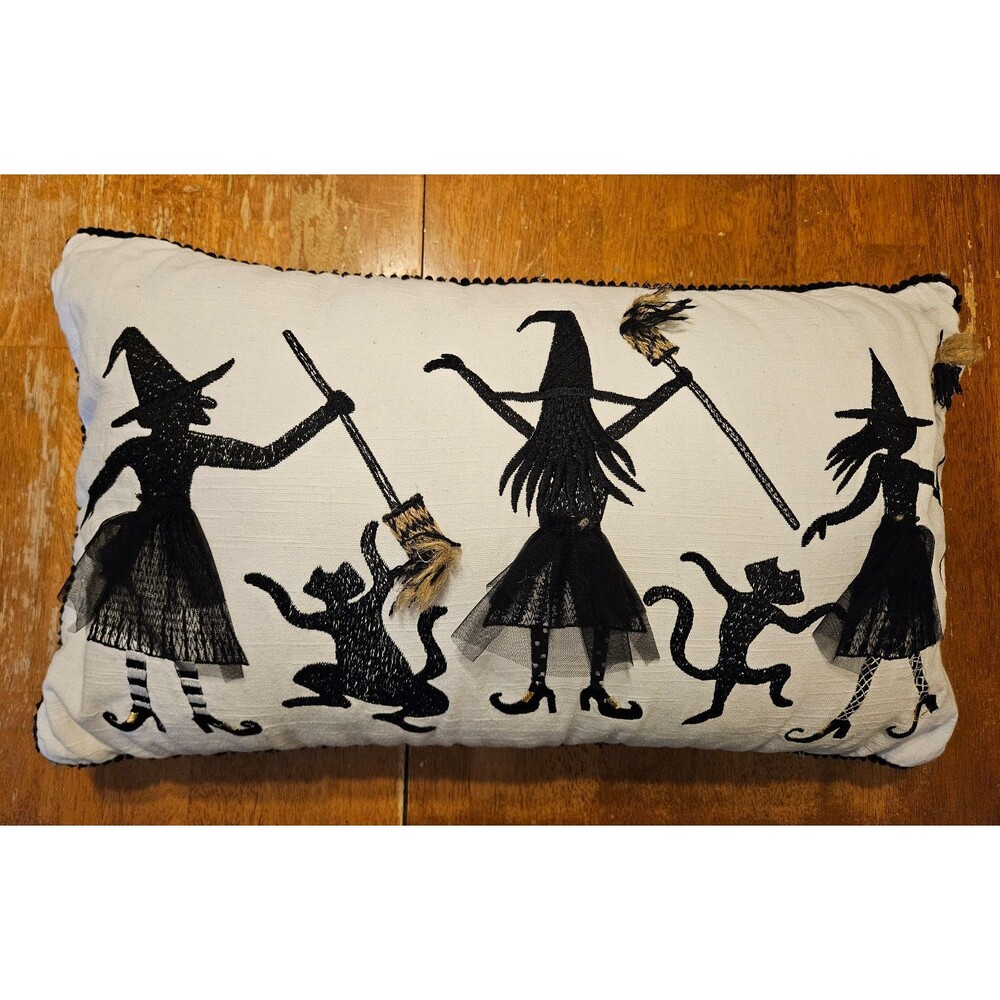 Halloween Witch Cat 3D Decorative Throw Pillow Black White Moonlight Manor Decor